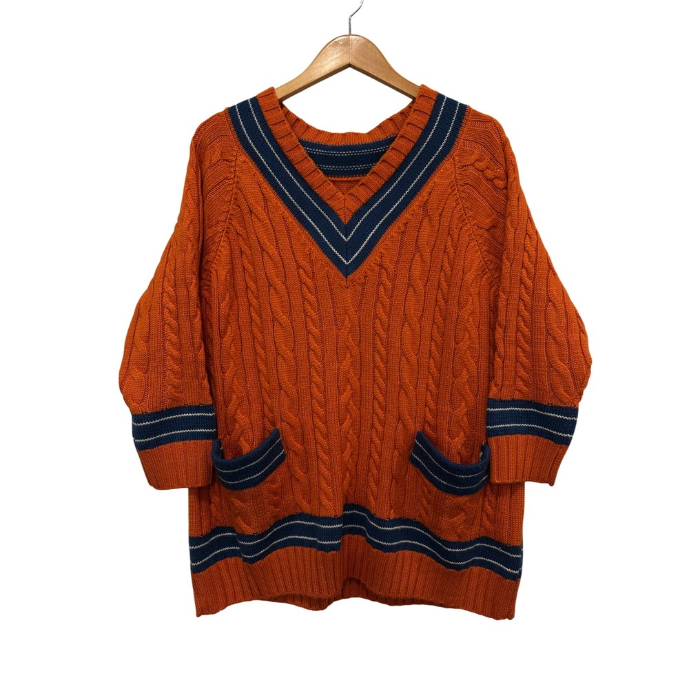 J.ING Orange Cable Knit V-Neck Oversize Sweater Blue Striped Trim S/M Halloween